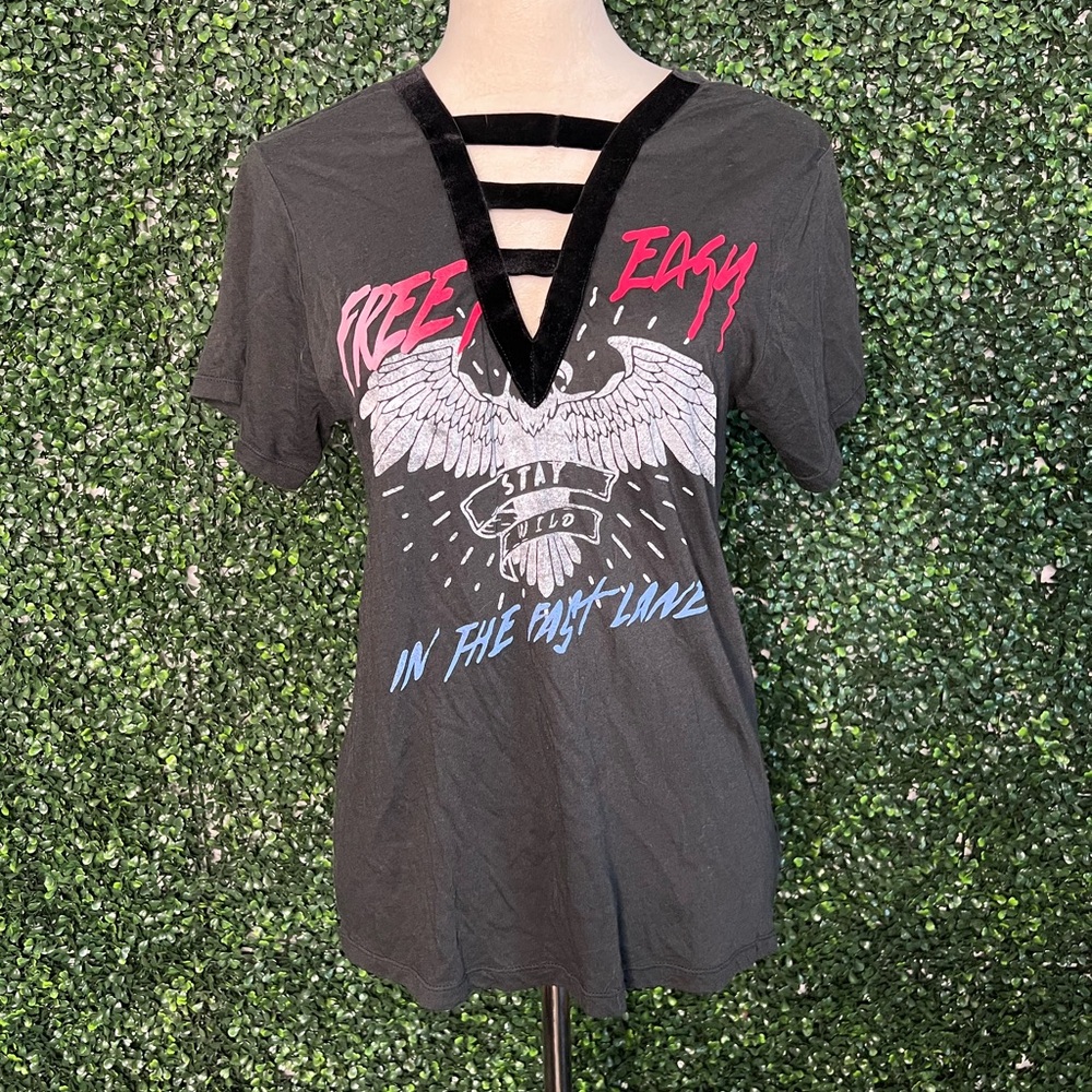 Express Velvet Graphic Tee Free & Easy in the Fast Lane biker deep V neck